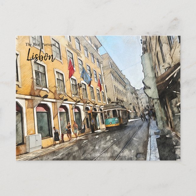 Viajando en el tranvía de Lisboa con tarjeta posta (Anverso)