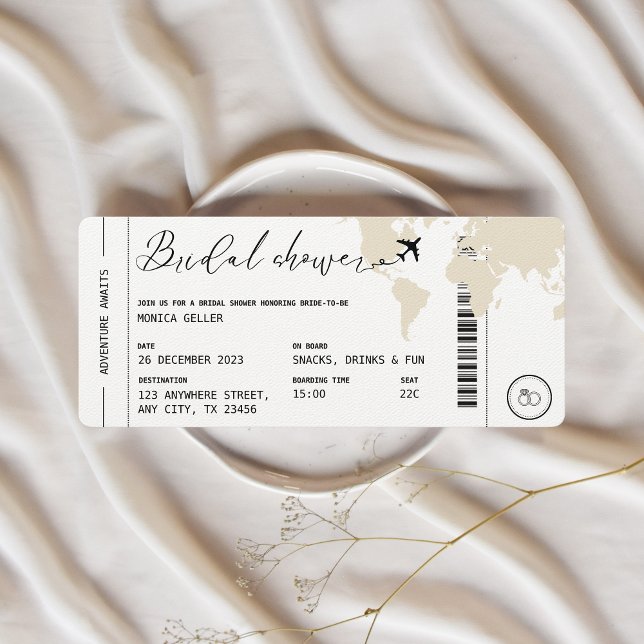 Viaje con tarjeta de embarque Ducha de novia temát (Bridal Shower Boarding Pass Beige, Modern Invitation)