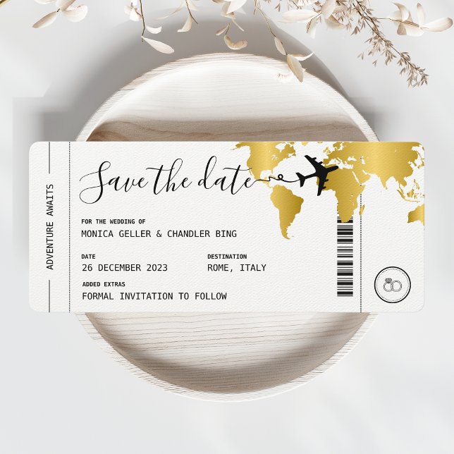 Viaje con tarjeta de embarque GOLD Salven la fecha (Gold Boarding Pass Save the Date)