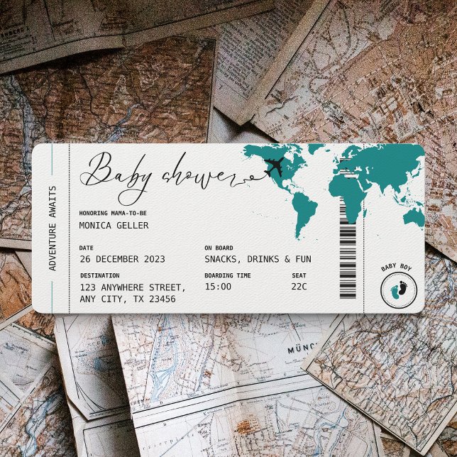 Viaje con tarjeta de embarque verde azulada Baby S (Teal Boarding Pass Baby Shower invitation)
