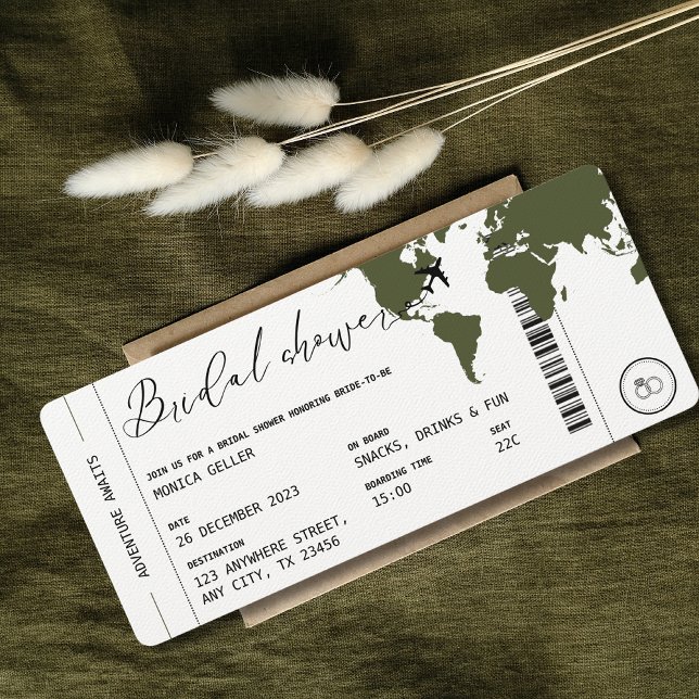 Viaje con tarjeta de embarque Viaje Tema de la duc (Bridal Shower Boarding Pass Olive Green Modern Unique Travel Themed)