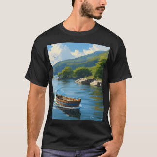 Viaje de camisetas en un bote en el mar