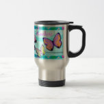 Viaje ¡Regalo femenino! ¡La taza de la mariposa, añade<br><div class="desc">Emparéjese con mis ETIQUETAS de la PARED del MISMO DISEÑO… http://www.zazzle.com/kfwinters</div>
