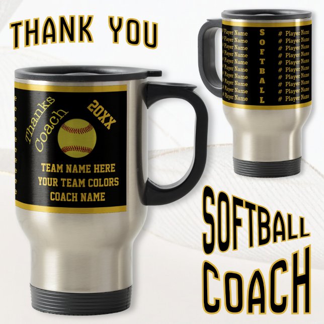 Viaje Taza de entrenador de sóftbol con nombre de todos  (Good gifts for softball coaches. Personalized, softball coach mug. Gifts for Softball Coaches.)