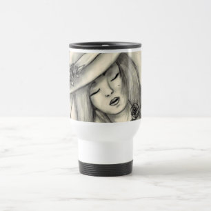 Viaje taza del chica el dormir del dibujo de lápiz