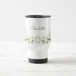 Viaje Taza personalizada de flores blancas, nombre perso