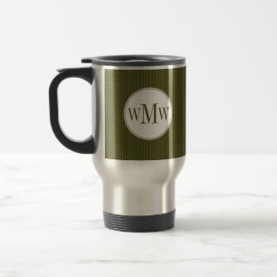 Viaje Taza verde oliva del monograma de la tela a rayas