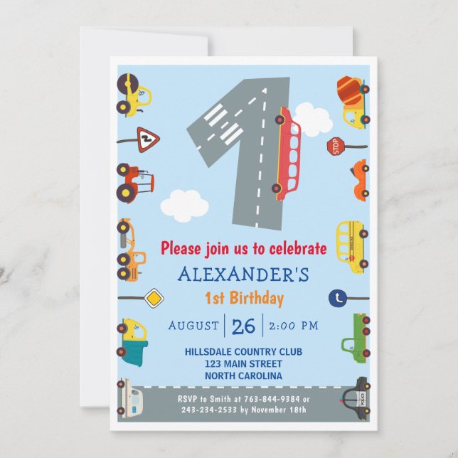Viajes 1er cumpleaños Invitación a fiesta de carro (Anverso)