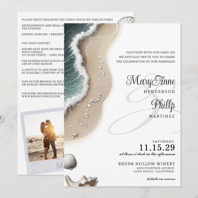 Vibe de playa con detalles Invitación a la boda (Anverso / Reverso)