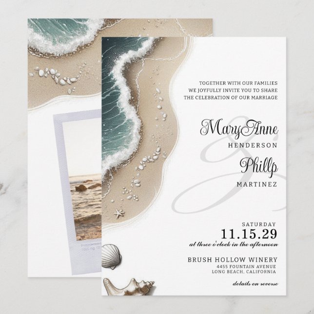 Vibe de playa con invitación a la boda fotográfica (Anverso / Reverso)
