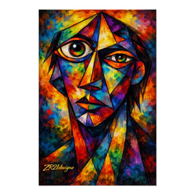 Vibrant Cubist Face Abstract Modern Art Poster (Anverso)