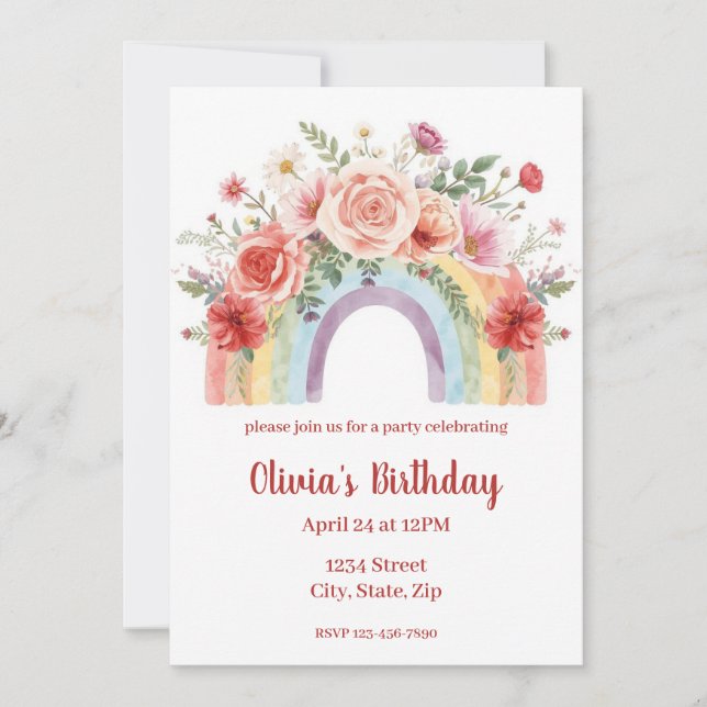 Vibrant Floral Rainbow Watercolor Birthday Party (Anverso)