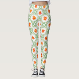Vibrant Green & Orange Floral Leaf Pattern Legging