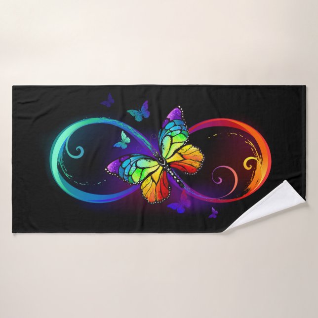 Vibrant infinity with rainbow butterfly on black (Toalla de baño)