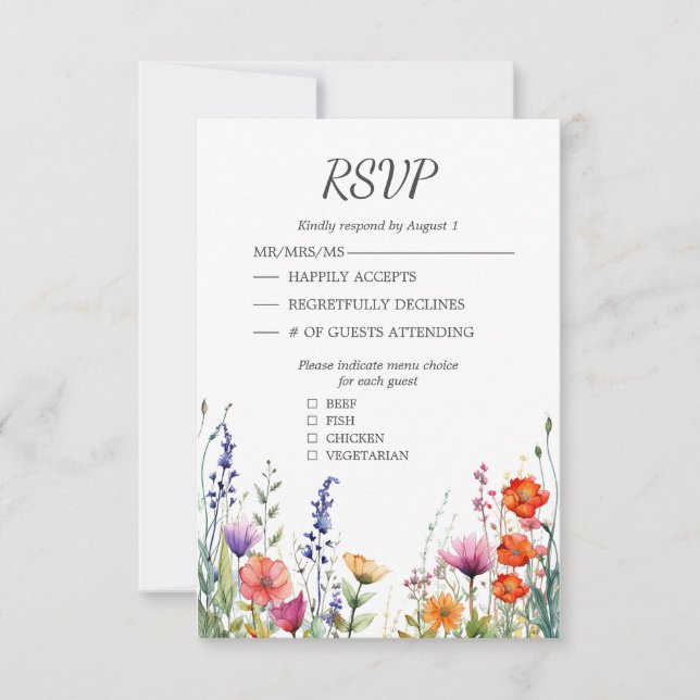 Vibrant Wildflowers Elegant Wedding RSVP Card (Anverso)