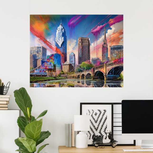 Vibrante Cleveland Ohio Skyline Resumen de arte (Oficina en casa)