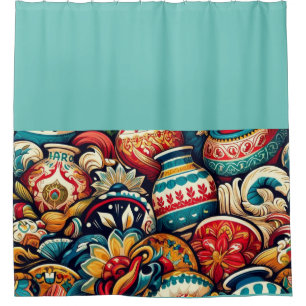 Vibrante Cortina de Ducha de Diseño Cantaro Mexica