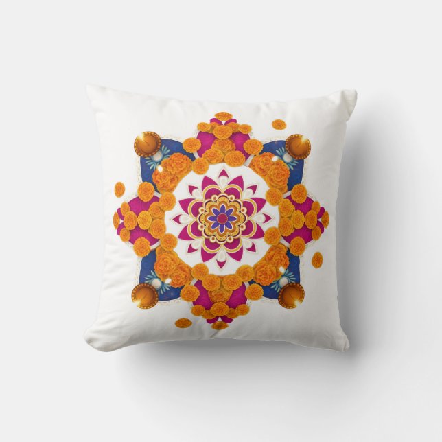 Vibrante Diwali Marigold Rangoli Funda de almohada (Anverso)