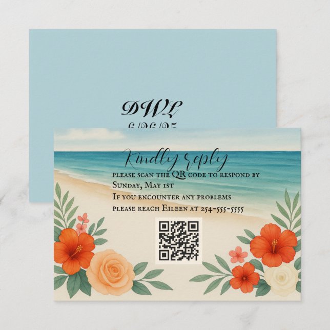 Vibrante Floral Beach QR Código Tarjeta RSVP (Anverso / Reverso)