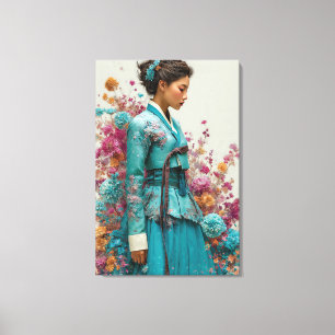 Vibrante Hanbok Azul Turquesa y Arte de Lona de Fl
