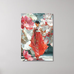 Vibrante Hanbok Rojo y Arte de Lienzo Floral Rosa