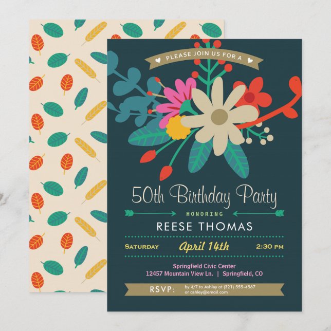 Vibrante invitación a fiesta de cumpleaños floral (Anverso / Reverso)