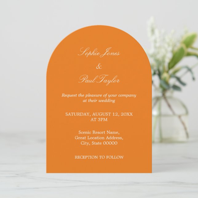 Vibrante invitación a la boda de arco Naranja (Anverso de pie)