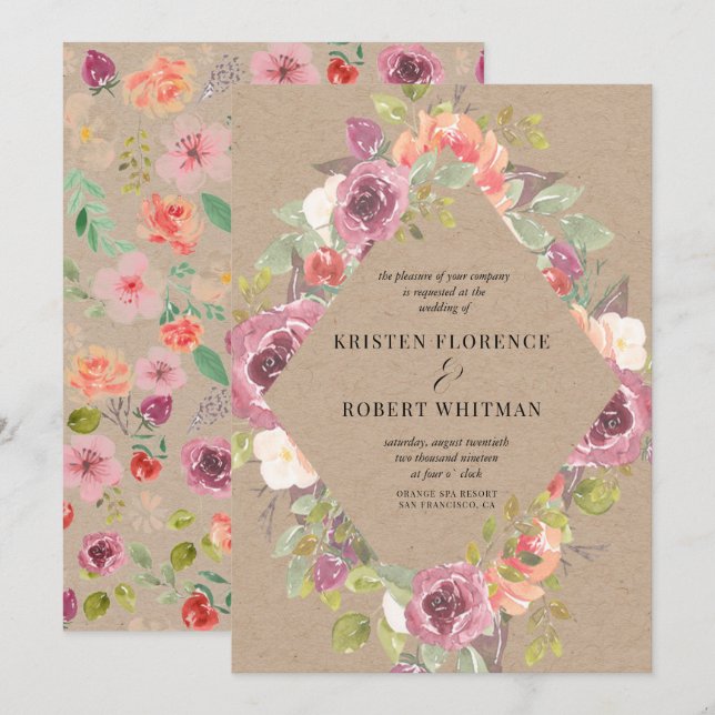 Vibrante invitación a la boda de Kraft floral flor (Anverso / Reverso)