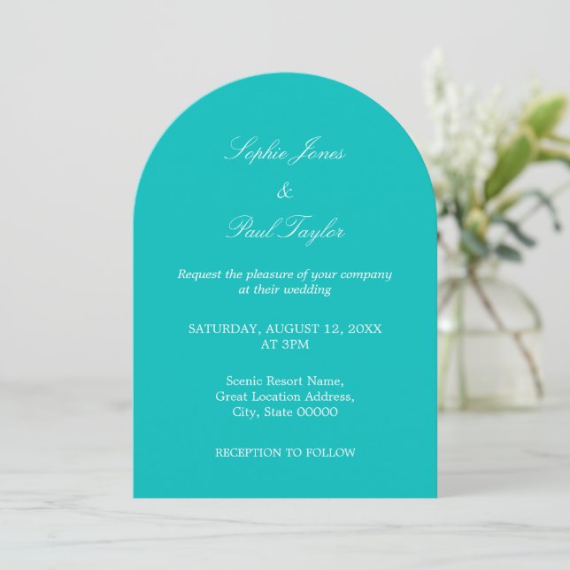 Vibrante invitación a la boda del Arco Aqua (Anverso de pie)