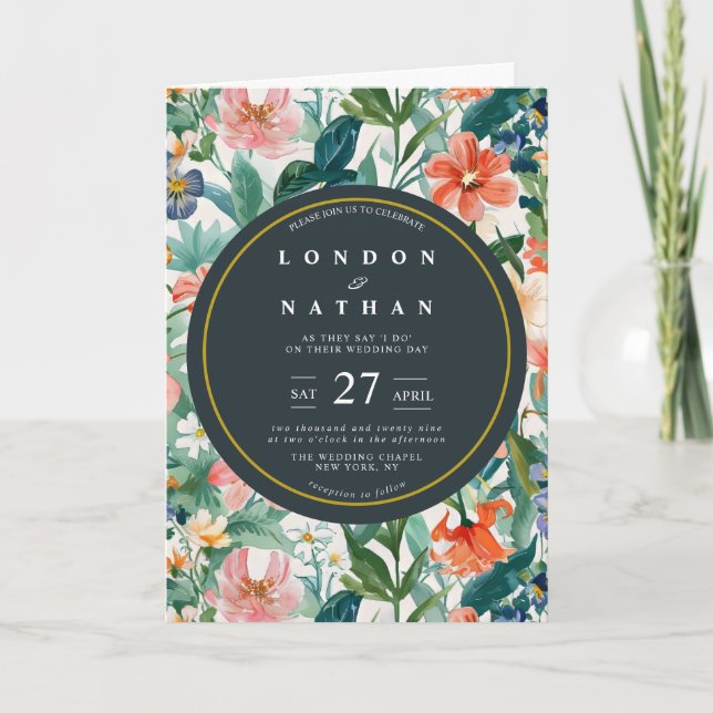 Vibrante Invitación a la Boda Floral en Bloom Botá (Anverso)