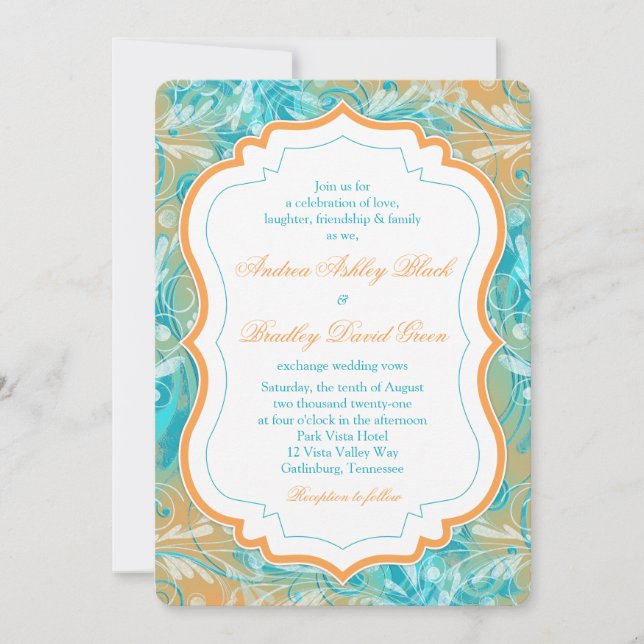 Vibrante invitación a la boda floral Verde azulada (Anverso)