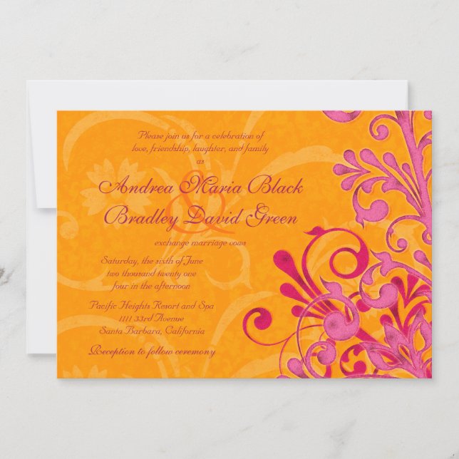 Vibrante invitación a la boda Naranja y floral ros (Anverso)