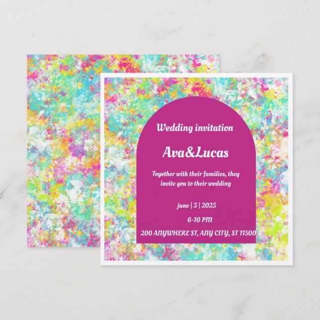 Vibrante Invitación de Boda Multicolor con Negrita (Anverso / Reverso)