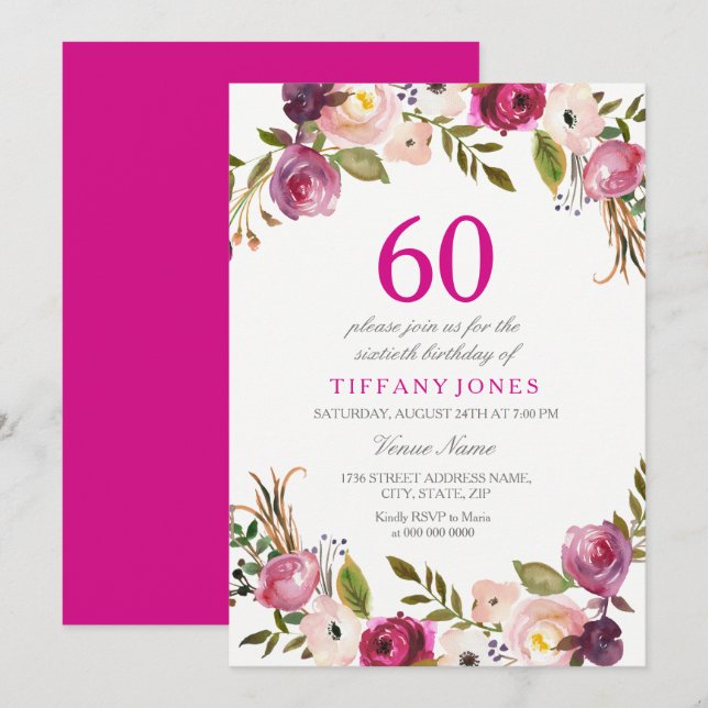 Vibrante Invitación de cumpleaños 60 a la Floral B (Anverso / Reverso)
