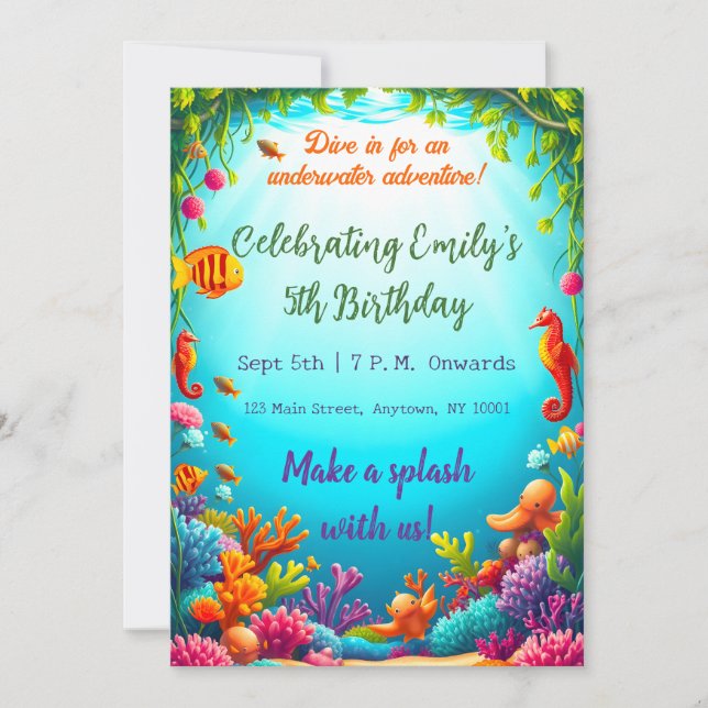 Vibrante Invitación de cumpleaños subacuático (Anverso)