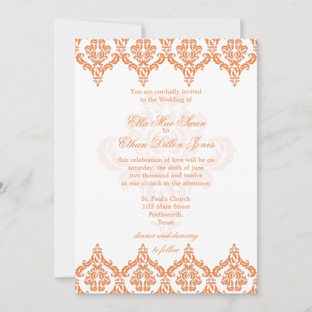 Vibrante invitación de matrimonio Naranja y Damasc (Anverso)