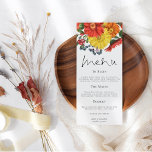 Vibrante menú Boda de Florals de otoño<br><div class="desc">Vibrante Boda de Florales del Otoño. Flores salvajes otoñales en tonos rojos,  naranjas y amarillos bordean la parte superior,  con un guión elegante para el Menú y fácil de personalizar el resto del texto a sus necesidades.</div>