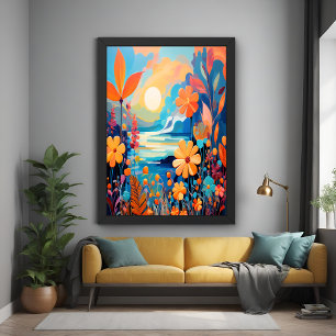 Vibrante Sunset Floral Paisaje Natural Arte
