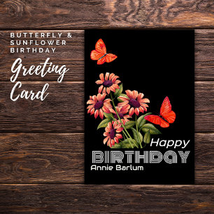 Vibrante tarjeta de cumpleaños Butterfly y Sunflow