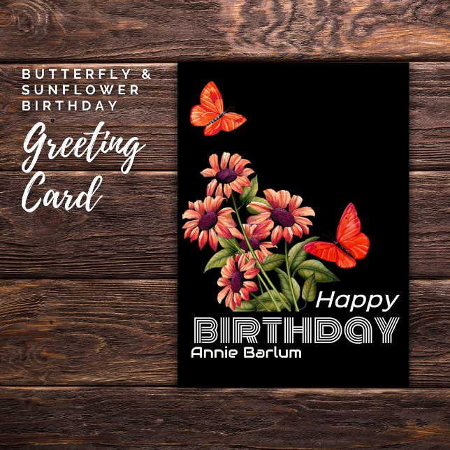 Vibrante tarjeta de cumpleaños Butterfly y Sunflow (Butterfly & Sunflower Birthday)