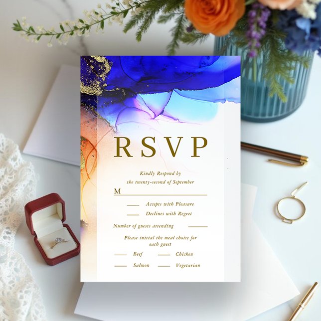 Vibrante tarjeta RSVP de Boda de Oro Naranja Azul (Vibrant Blue Orange Gold Wedding RSVP Card.)