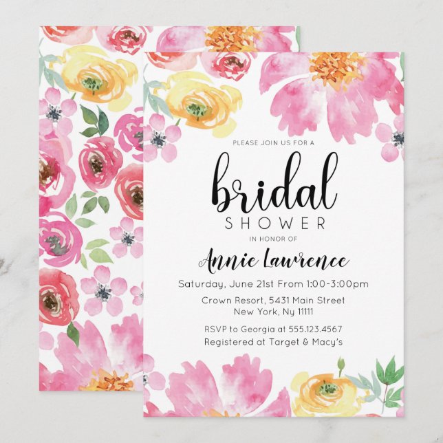 Vibrantes invitaciones a la ducha de novias con fl (Anverso / Reverso)