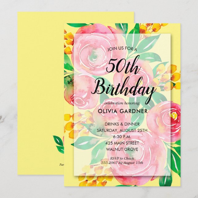 Vibrantes invitaciones de cumpleaños con flores ro (Anverso / Reverso)