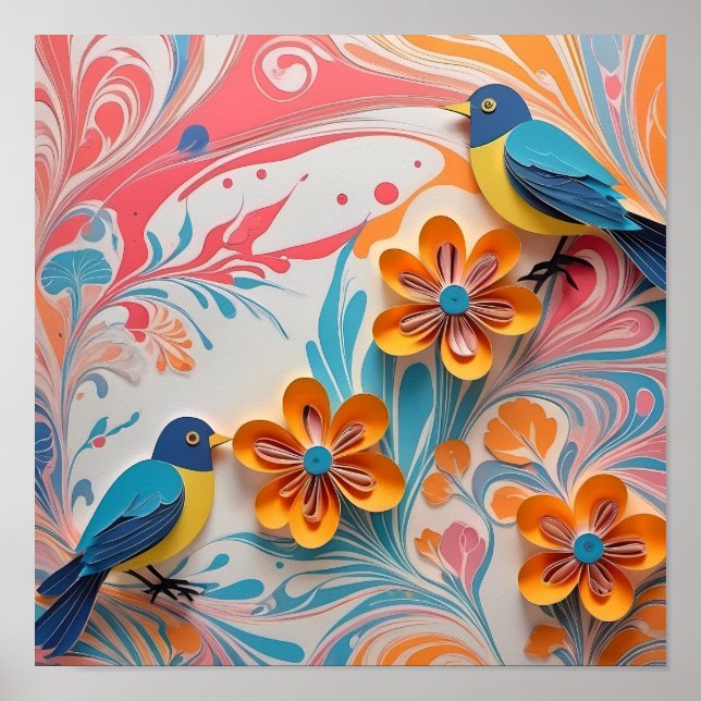 Vibrantes pájaros de papel y arte floral - creativ (Frente)