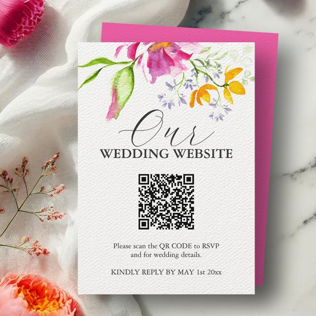 Vibrantes tarjetas de Boda floral rosada (Wedding website card watercolor floral art by Victoria Grigaliunas of Do Tell A Belle)