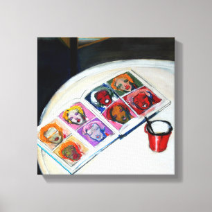 Vida fija con lienzo de libros y tazas rojas