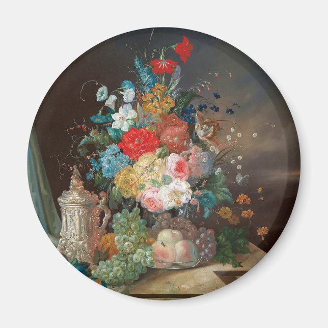 Vida fija maestra: Flores y imán de frutas (Frente)