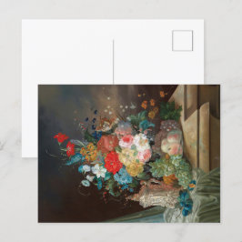 Vida fija maestra: Flores y postal de frutas