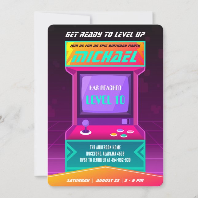 Videojuego Invitación al cumpleaños, arcada retro (Anverso)