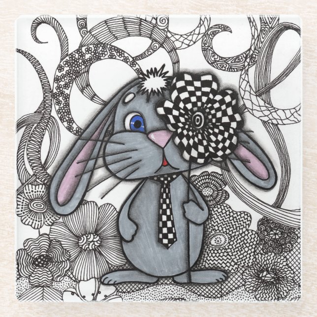 Vidrio Adorable Posavasos de Conejo Bunny Zen Doodle (Anverso)